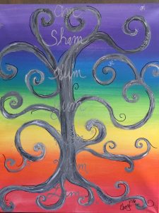 Painting of a grey tree with a rainbow background.