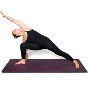 Woman doing triangle pose yoga position on the home page of Forward Motion Yoga's website.