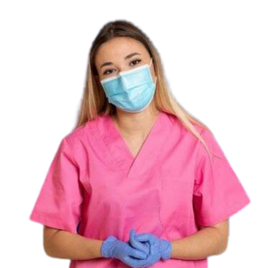 A nurse in pink scrubs with a mask and gloves on.