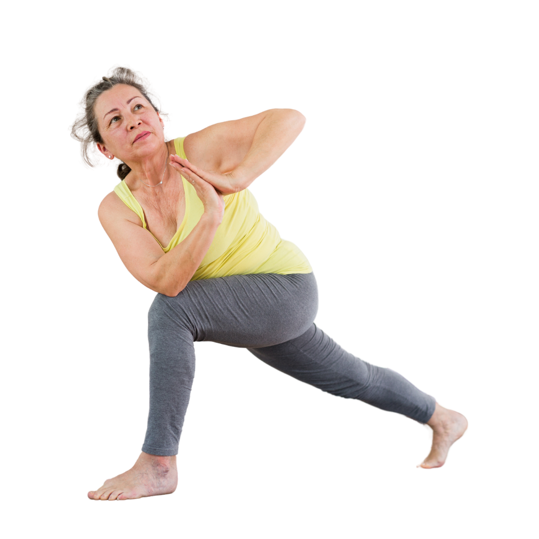 Woman in grey and yellow yoga clothes performing a yoga pose on the Forward Motion Yoga website.